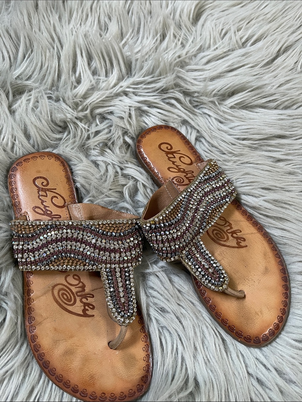 Embellished Brown Beaded Toe-Loop Sandals